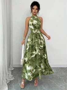 Modelyn Váy chữ A không tay buộc eo in họa tiết tie-dye màu xanh dành cho nữ - Màu xanh Ô liu - Xem 4