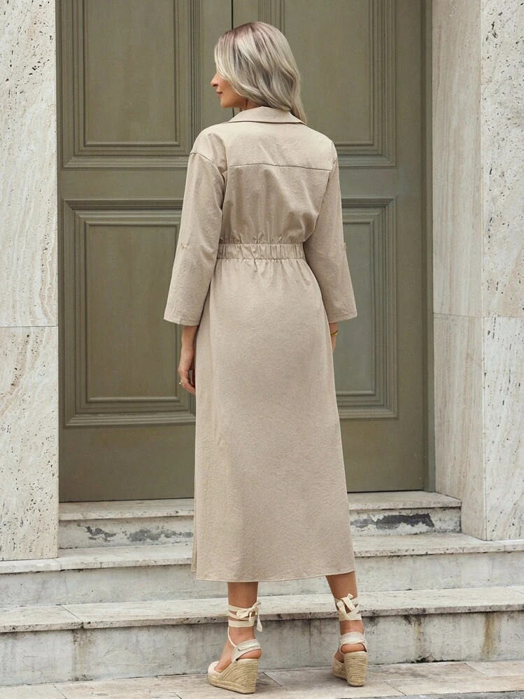 Mulvari Einfarbiges Kleid mit Knopfleiste, Bundfalte und Taschen, Damen Lässig Kleid mit Taschen und dreiviertel Ärmeln, Regular Fit Lange Khaki Viskose Bluse mit Umschlagärmeln, Frühling/Herbst, Lässiger Alltags-Maxikleid Damenkombination - Khaki - Übersicht 2