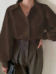 INAWLY 女士纯色灯笼袖单排扣休闲通勤衬衫 - 棕色 - 查看 4