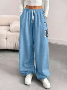 EURMUSE Pantalones de chándal con cordón y estampado de gato de dibujos animados para mujer de talla grande - Celeste - Ver 1