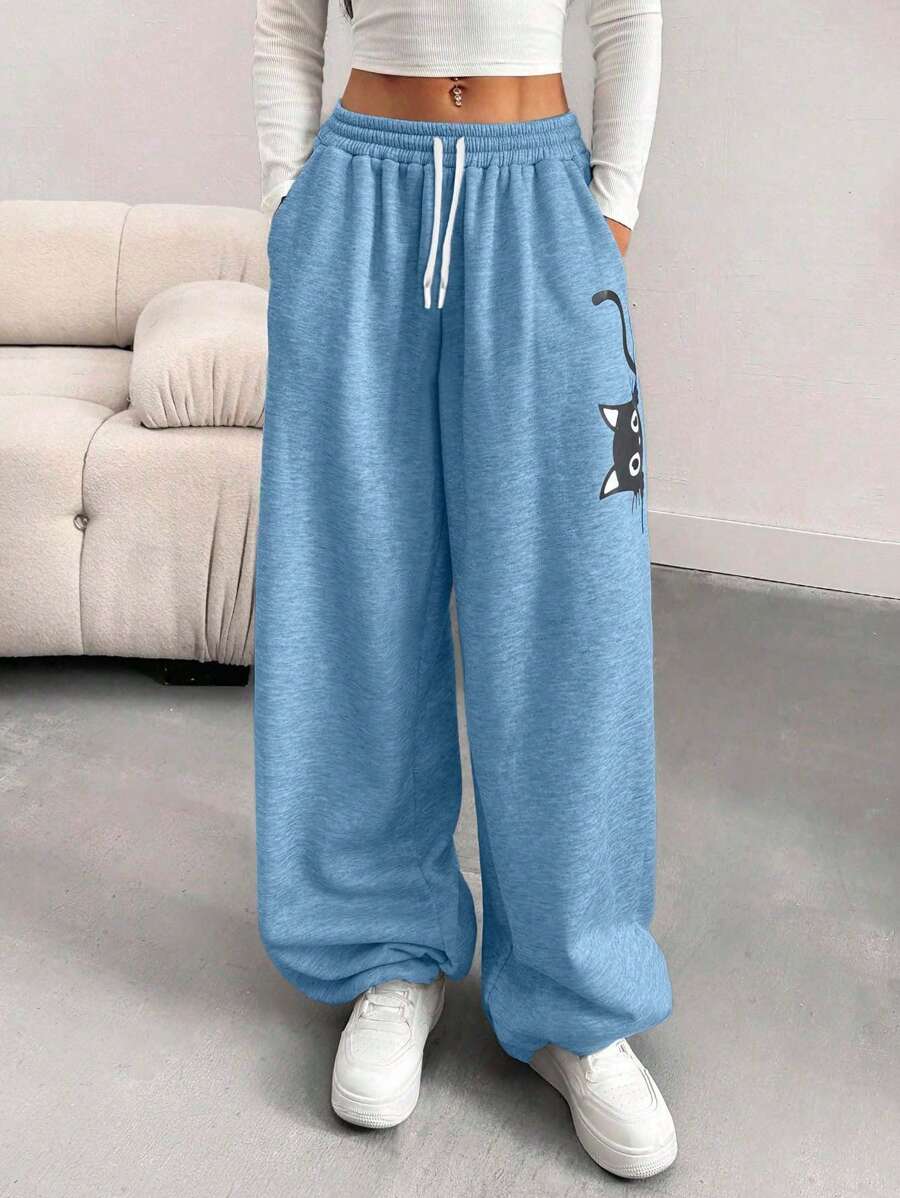 EURMUSE Pantalones de chándal con cordón y estampado de gato de dibujos animados para mujer de talla grande - Celeste - Ver 1