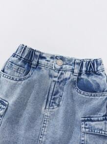 SHEIN Explorewe 小女孩两件套，水洗浅蓝色有领夹克外套，正面有纽扣，搭配牛仔工装裙，多口袋设计，修身版型，适合外出、约会、休闲活动、派对、日常校园风，让小家伙成为人群中闪耀的明星 - 淺色水洗藍 - 查看 9