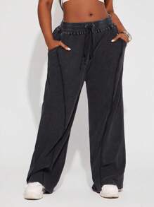 SHEIN SXY Plus Size Women's Spring&Summer Daily Basic 95% Cotton Solid Plus Size Washed Distressed Elastic Waistband Drawstring Loose Wide-Leg Sweatpants,Suitable For Everyday Wear, Country Music Concert Oversized Pants Loose Pants Baggy Pants Wide Leg Pants Black Pants,Hip-Hop,Leisure,Street Style,Western Wear,Music Festival,Vintage,Minimalism,Concert,Carnival Party,Resort,Outing,Vacation,Date Night,Gathering,Birthday,Bachelorette Party,Gyaru,Break,Rave,Modest,Chic,Club,Cute,Casual,Shopping