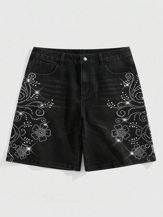 Street Life Men's Summer Fashion Rhinestone Embellished Denim Capri Shorts