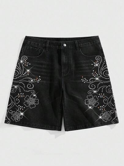 Street Life Short capri en jean pour homme avec ornements de strass, mode d'été
