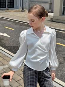 少女优雅纯色灯笼袖衬衫 - 白色 - 查看 1