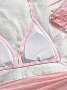 SHEIN 3pcs Teen Girl Swimsuit Set, Black Series, Beach Holiday Party, Spring/Summer 3 Piece Swimsuit Set Teen Bikini 3 Piece Set Pink Teen Swimsuit Bathing Suit Set Girls Bikini Set Stylish Pink Halter Bikini And Skirt Set For Teen Girls Ideal For Summer Getaways Teen Girls Pink Halter Bikini Set With Asymmetrical Skirt Perfect For Vacations Vacation-Ready Pink Halter Neck Bikini Set With Short Skirt Wrap For Teens Vacation-Ready Plain Pink Halter Bikini With Short Sheer Skirt Pink Teen Swimsuits