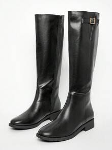 Solezae 女式舒适厚底及膝长靴，带可调节扣 - 黑色 - 查看 2