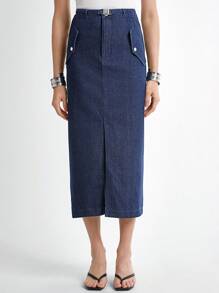 Daynim 女士休闲直筒牛仔裙 - 深色水洗藍 - 查看 4