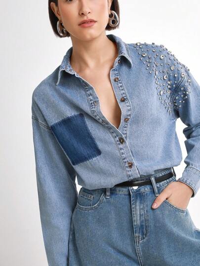 Daynim 女式休闲水钻装饰落肩长袖单排扣牛仔夹克