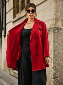 SHEIN Clasi 大码纯色双排扣系带长袖风衣 - 酒紅色 - 查看 3