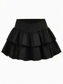 Girlism Trang phục thường ngày cho nữ sinh tuổi teen, Thể thao, Trường học, Trở lại trường, Quần lót đen có viền nhún bèo, Chân váy thiết kế cạp chéo, Mùa xuân và mùa hè - màu đen - Xem 4