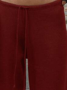 MUSERA Low Rise Drawstring Waist Rib Knit Wide Leg Casual Trousers Airport Holiday Vacation Summer Beach Fall Autumn Winter Everyday  Office  Chic - Burgundy - View 5