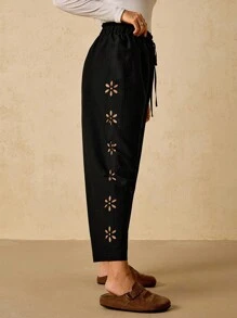 Travachic Plus Size Women's Black Casual Pants, Floral Cutout Straight Leg Trousers Baggy Pants Wide Leg Pants Woman Beach Resort Wear Women Ibiza Boho Pants - Black - View 1