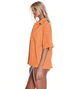 MUSERA 丝绒条纹宽松短袖衬衫，春夏度假海滩可爱假日伊比沙岛海滩机场穿搭秋季 - 橘色 - 查看 2