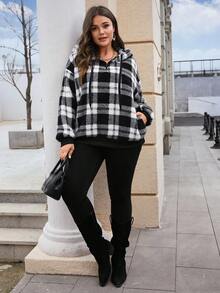 EMERY ROSE Plus Size Women's Fall Casual Fuzzy Plaid Hooded Thermal Zipper Neckline Sweatshirt With Pockets, Autumn/Winter, Going Out, 2025 New, Fall For Women, Plaid Sweatshirts For Women - Black and White - View 7
