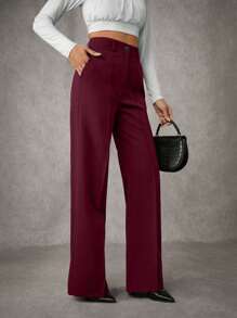 EURMUSE Women's Solid Pleated Seam Detailed Suit Pants - Burgundy - View 6