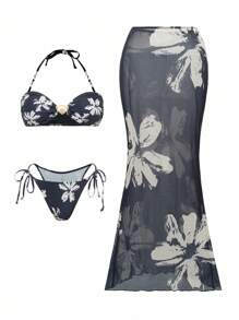 Selianne Bộ đồ bơi 3 món in họa tiết vỏ sò hở lưng cho nữ & váy maxi lưới, kỳ nghỉ hè - Nhiều màu - Xem 6
