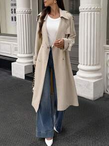 SHEIN LUNE 女式仿亚麻双排扣长款风衣 - 卡其色 - 查看 5