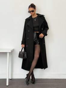 SHEIN Tall Women's Solid Color Lapel NeckDouble-Breasted Long Overcoat Long Black Coat In Fall/Winter - Black - View 1