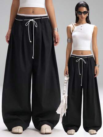 LYSMO 女士松紧腰褶皱口袋阔腿宽松休闲宽松裤