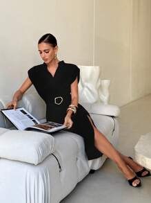 Lavishia Women's Solid Color V-Neck Dolman Sleeve Fitted Midi Dress, Elegant Minimalana Black Long Skirt With Wide Shoulders And Deep V, Sexy Elegant, Simple And Versatile For Commuting, Slimming Elegant Vacation Outfits Woman, Summer Dresses For Women,Graduation Dresses - Black - View 5