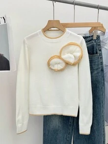 SHEIN Frenchy Women's Winter Sweater  French Casual 3D Floral Decor Contrast Trim Sweater, Autumn/Winter,Autumn Fall Sweater Knit Sweater,Knitted Sweater ,Suitable For Daily Commuting. Autumn Layering, Autumn And Winter New Arrivals,For Everyday Wear And Layering Back To School, Fall Women Clothes,Cute Tops,Going Out Tops Women,Old Money Outfits Women ,Business Casual Women,All-Season,Christmas Sweater ,New Year Clothes - Apricot - View 2