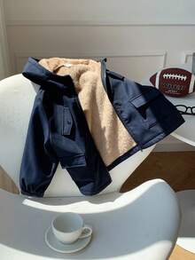 SHEIN 男童海军蓝拉绒休闲厚垫连帽夹克，适合返校、秋冬季穿着 - 藏蓝色 - 查看 3