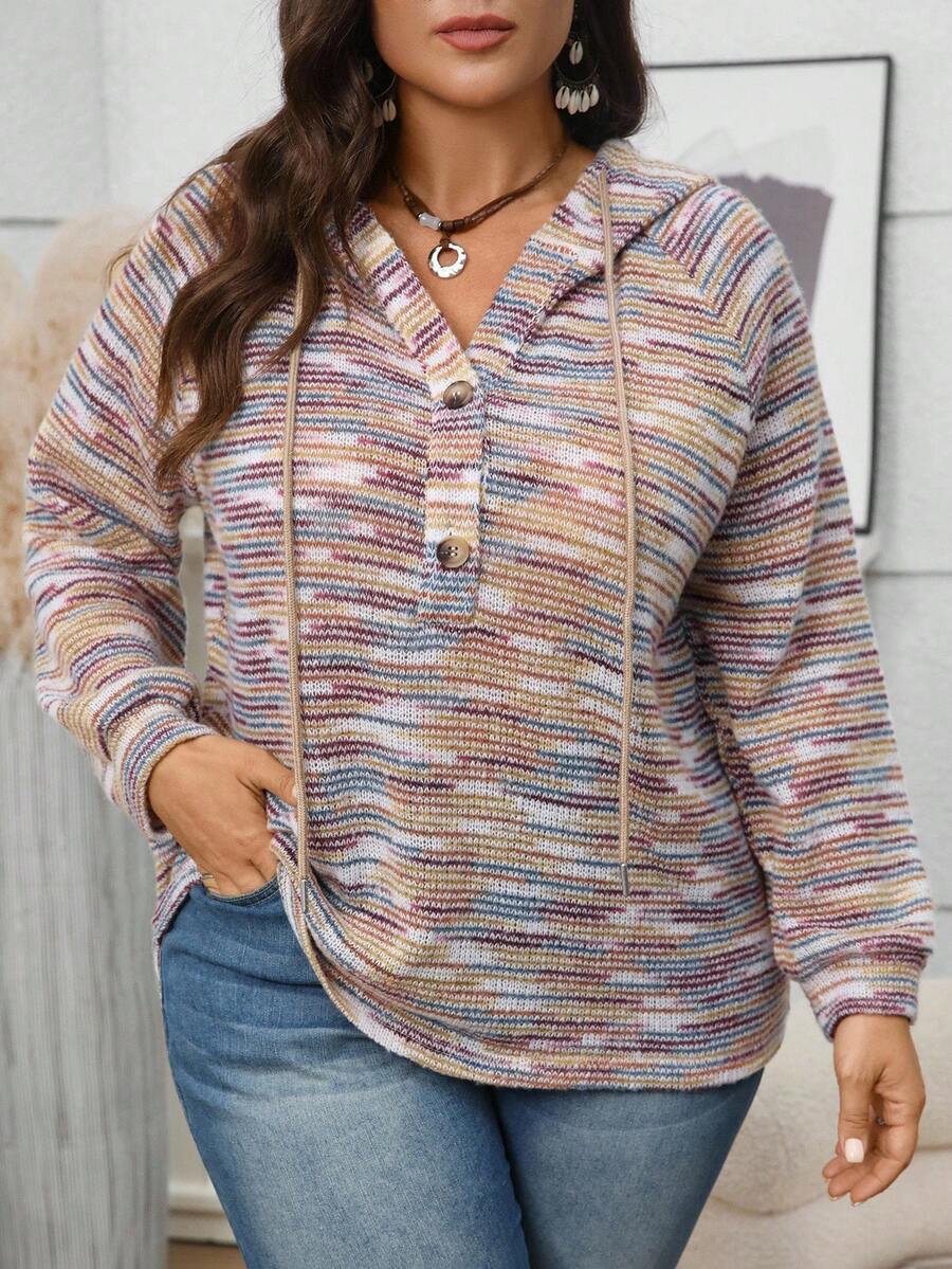 EMERY ROSE 大码女式扎染长袖纽扣半襟抽绳连帽休闲运动衫