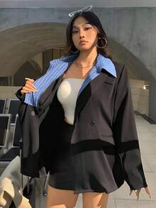 SHEIN EZwear Plus Size Contrast Color Blue Striped Patchwork Casual Suit - Multicolor - View 6