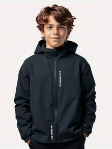 SHEIN Boys Casual Everyday Versatile Comfortable Letter Graphic Print Hoodie Jacket, Lightweight Loose Fit For Tweens Suitable For Birthday Parties, Evening Parties, Performances, Weddings, Baptisms, Opening Ceremonies Daily Suitable For Daily Use Suitable For School Suitable For Travel Suitable For Sports Suitable For Autumn And Winter Black Jacket Zipper Kids Kids Hooded Jacket Boys Zip Up Jacket Kids Zip Up Jacket Boys Black Jacket Fall - Black - View 9