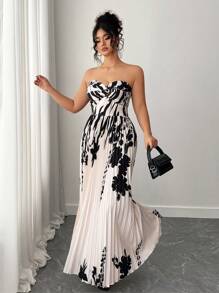 Elenzga 大码优雅露肩百褶花卉印花连衣裙，夏季 - 杏色 - 查看 6