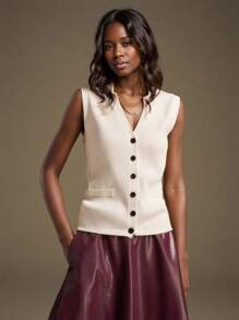 Ontre 2025秋冬新款白色V领前扣单排扣宽肩针织背心开衫，优雅都市浪漫西部朋克Y2K乡村音乐节复古风格韩国机场旅行街头婚礼嘉宾生日万圣节商务休闲办公室约会派对外出机场返校秋冬女装 - 白色 - 查看 7