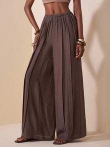 Zivah 2025 Autumn New Music Festival, Easter, St. Patrick's Day, Western, Nomadic, Birthday Party, Graduation, College Style, Student Wear, Daily Casual, All-Match Versatile, Leisure, Vacation, Cruise Travel, Beach, Sunbathing, Viral , Streetwear, Wedding Guest Boho, Commute, Brunch, Airport, Brown Linen Pants With Pockets And Slits - Brown - View 3