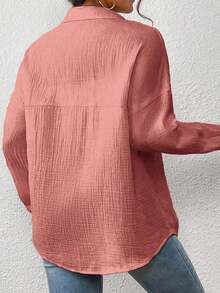SHEIN VCAY Áo sơ mi tay dài trễ vai màu trơn cỡ lớn dành cho nữ, đơn hàng khuy, túi thường ngày - Bụi hồng - Xem 2