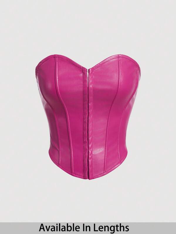 SHEIN Tall CURVE Plus Size Solid Center Front Button Decoration PU Leather Black Tube Top,Fall Clothes For Women