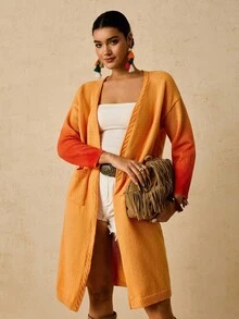 SHEIN VCAY Plus Size Women's Ombre Long Cardigan Sweater, Pockets, Loose & Comfortable, Autumn Winter - Multicolor - View 1