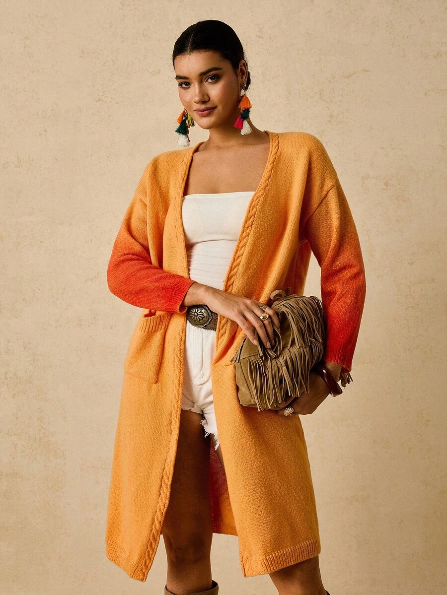 SHEIN VCAY Plus Size Women's Ombre Long Cardigan Sweater, Pockets, Loose & Comfortable, Autumn Winter - Multicolor - View 1