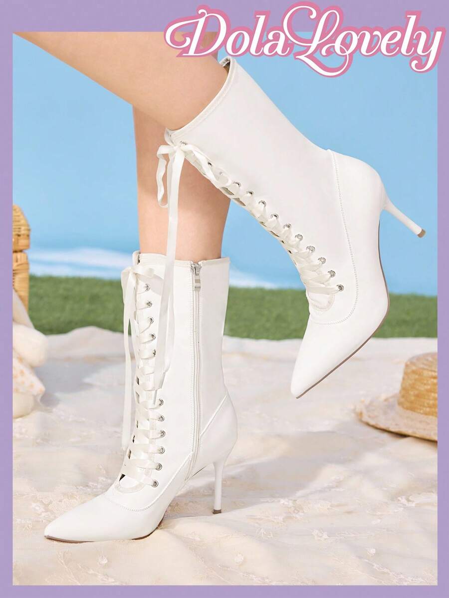 Dola Lovely 洛丽塔哥特风格性感女士白色尖头高跟靴 - 白色 - 查看 1