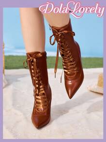 Dola Lovely Fashionable Women's Pointed Toe High Heel Boots, Sexy Pink Shaft Boots, Warm & Fluffy - Brown - View 4