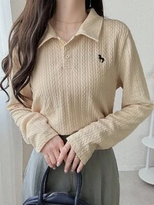 FRIFUL Women's Beige Textured Fabric Embroidered Print Shirt Collar Long Sleeve Casual Loose Fit Versatile T-Shirt, Autumn - Beige - View 4