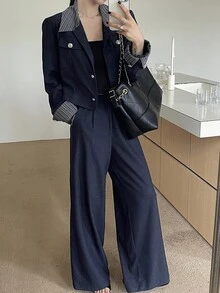 DAZY 女式条纹翻领长袖单排扣夹克和裤子休闲两件套 - 藏蓝色 - 查看 9