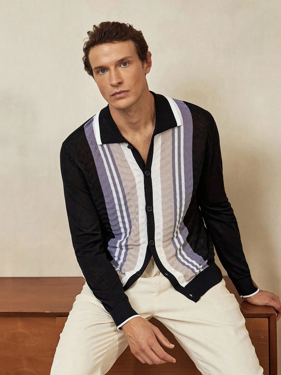 Manfinity Homme Áo khoác cardigan sọc tương phản thường ngày dành cho nam - màu đen - Xem 1
