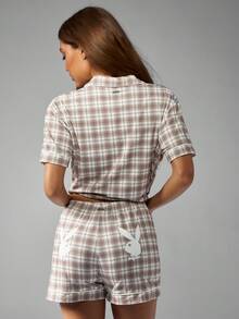 Missguided x Playboy Christmas Button Up Collared Checked Pajama Set With Shorts - Multicolor - View 2