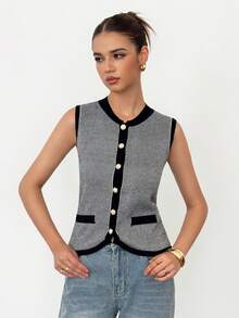 SHEIN Tall 秋冬时尚通勤撞色边珍珠纽扣针织背心 - 藍色 - 查看 4