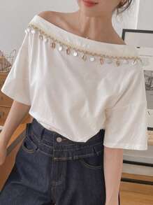 DAZY Women's Summer Casual Asymmetrical Neckline Pendant Decor T-Shirt - White - View 3