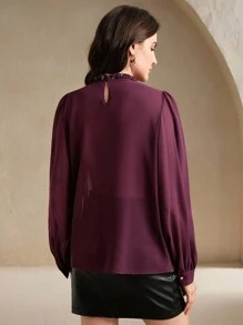 Anewsta Áo cánh dài tay thanh lịch, cổ đứng màu trơn, trang trí xếp ly thủ công - Màu tím - Xem 2
