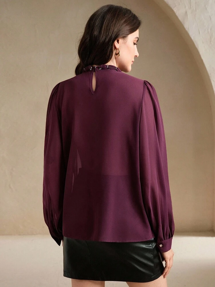 Solid Color Stand Collar Handmade Pleated Decor Elegant Long Sleeve Blouse
