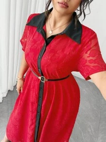 Elenzga Plus Size Women's Short Sleeve Elegant Contrast Color Lapel Peony Textured Waist Fit And Flare Dress - Red - View 7