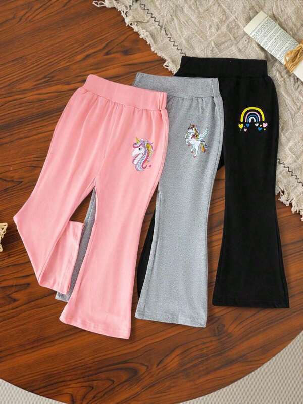 3pcs Girls Solid Color High Waist Flare Pants, Unicorn & Rainbow Print, Lightweight & Stretchy Fabric, Suitable For Outdoor Activities & Leisure Time